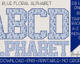 Blue Floral Alphabet Monogram PNG | Digital Download | Grandmillennial Alphabet Set PNG | Blue and White Floral Alphabet png |