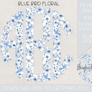 Blue Bird Floral Scallop Circle Monogram PNG | Digital Download | Full Alpha | Blue White Chinoiserie Floral Monogram Letters | No Cropping