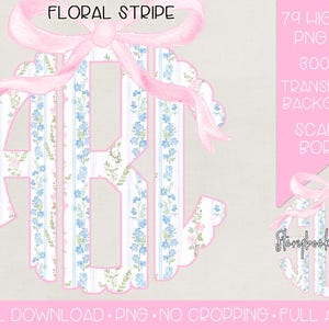 May include: A set of 79 monogram letters with a floral stripe pattern and a pink scalloped border. The letters are in a pink and blue color scheme and have a watercolor effect. The letters are perfect for adding a personal touch to your crafts and projects.