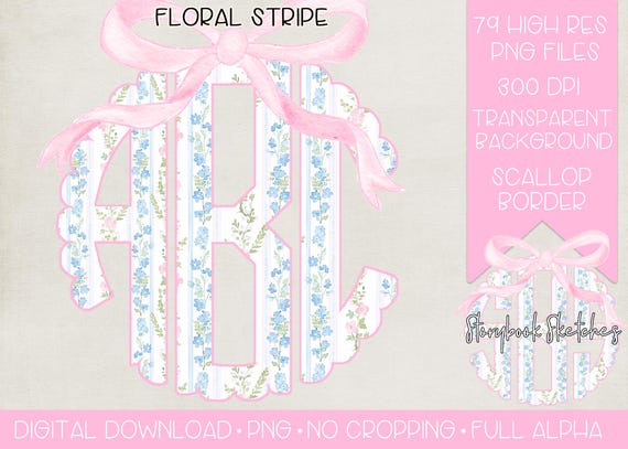 Floral Stripe Bow Monogram PNG | Digital Download | Grandmillennial Floral Bow Monogram PNG | Grandmillennial Monogram with Bow PNG |