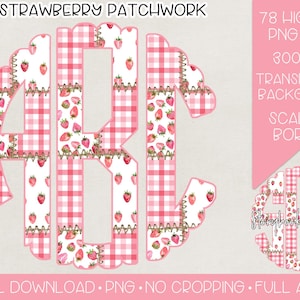 May include: A set of 78 digital monogram letters in a pink and white gingham pattern with strawberries and a scalloped border. The letters are in a patchwork style with a stitched look. The letters are high resolution and have a transparent background.