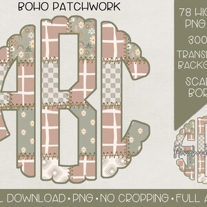 May include: A set of 78 digital monogram letters in a boho patchwork style with a scalloped border. The letters are in pink, green, and white with a variety of patterns. The letters are designed for use in crafting projects.