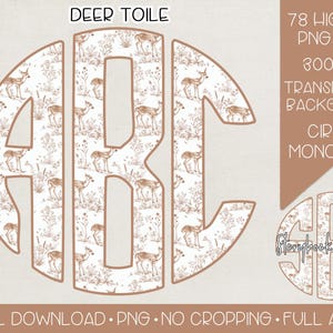 May include: A digital download featuring a deer toile design. The image includes the letters "ABC" in a circle monogram, filled with a pattern of deer and foliage. Additional text indicates 78 PNG files, 300 DPI, and a transparent background.