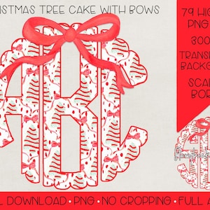 Christmas Tree Cake Monogram PNG | Digital Download | Christmas Tree Cake Bows Monogram PNG | Red Bow Christmas Tree Coquette PNG |