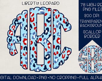 May include: A digital design with the letters ABC in a light blue circle with a scalloped edge. The letters have a leopard print pattern in red, navy, and white. The design includes the text "LIBERTY LEOPARD" and other details like "78 HIGH RES PNG FILES".