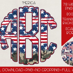America Monogram PNG | Digital Download | American Flag Camouflage Scallop Monogram PNG | Patriotic Monogram PNG | Patriotic Camo Grunge png