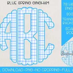 Blue Spring Gingham Monogram PNG | Digital Download | Full Alphabet Included | Grandmillennial Gingham Scallop Monogram PNG | Preppy Gingham