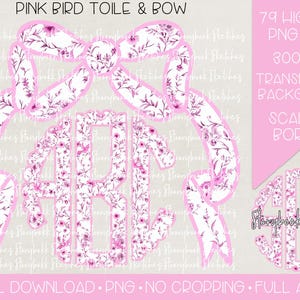 Pink Bird Toile Monogram with Pink Bow PNG | Digital Download | Pink Bow Monogram PNG | Pink Floral  Monogram PNG | Pink Bow Monogram png |