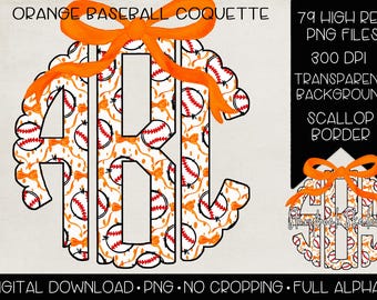 Orange Baseball Coquette Monogram PNG | digital Download | Orange Bow Speckle Baseball Bow Monogram PNG | Orange Baseball Bow Monogram PNG |