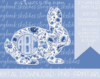 Easter Blue Floral Bunny Monogram PNG | Digital Download | Easter Rabbit Monogram Frame PNG | Floral Easter Monogram PNG |