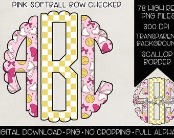 Pink Softball Bow Checker Monogram PNG | Digital Download | Pink Softball Mix Monogram PNG | Softball Checker Bow Monogram PNG |