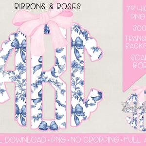 Ribbons and Roses Monogram PNG | Digital Download | Blue Toile Pink Bow Monogram PNG | Coquette Toile Monogram PNG |