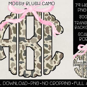 Mossy Blush Camo Monogram PNG | Digital Download | Green Camouflage Bow Monogram PNG | Green Duck Camo Monogram with Pink Bow PNG | Camo png