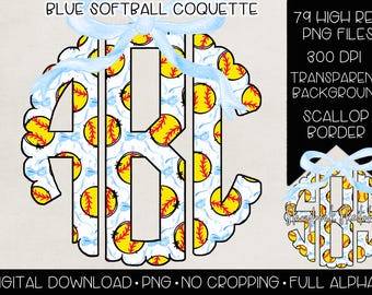 Blue Softball Coquette Monogram PNG | Digital Download | Softball Blue Bow Monogram PNG | Baby Blue Softball Bow Monogram PNG | Game Day png