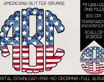 Americana Glitter Grunge Monogram PNG | Digital Download | American Flag Monogram PNG | Scallop Circle Monogram PNG | Stars and Stripes png