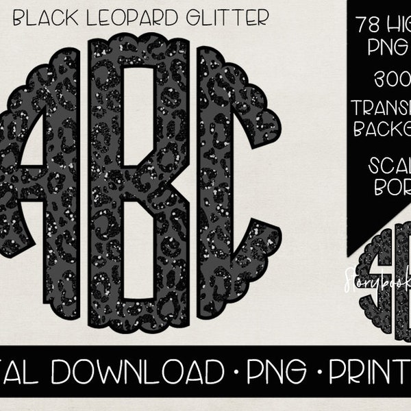 Black Glitter Leopard Scallop Monogram PNG | Digital Download | Printable Glitter Black Leopard Monogram PNG | Full Alphabet | 78 pngs total