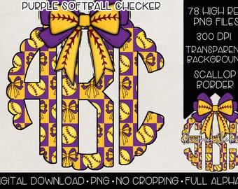 Purple Softball Checker Bow Monogram PNG | Digital Download | Softball Checker Bow Monogram PNG | Purple Gold Softball Checker Monogram PNG