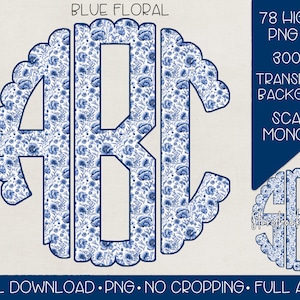 Blue & White Floral Monogram PNG | Digital Download | Grandmillennial Monogram PNG | Blue Grandmillennial Floral Monogram PNG