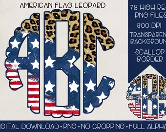 May include: A set of 78 monogram letters in a scalloped circle design. The letters are made up of an American flag pattern with a leopard print accent. The letters are high resolution PNG files with a transparent background.