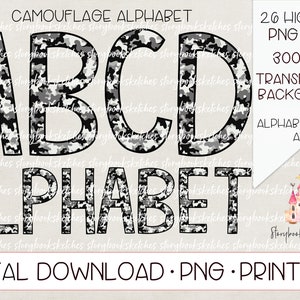 Black White Gray Camo Alphabet PNG | Digital Download | Camo Alphabet Printable | Camo Letters PNG | Camo Letters ABC Printable | Gray Camo