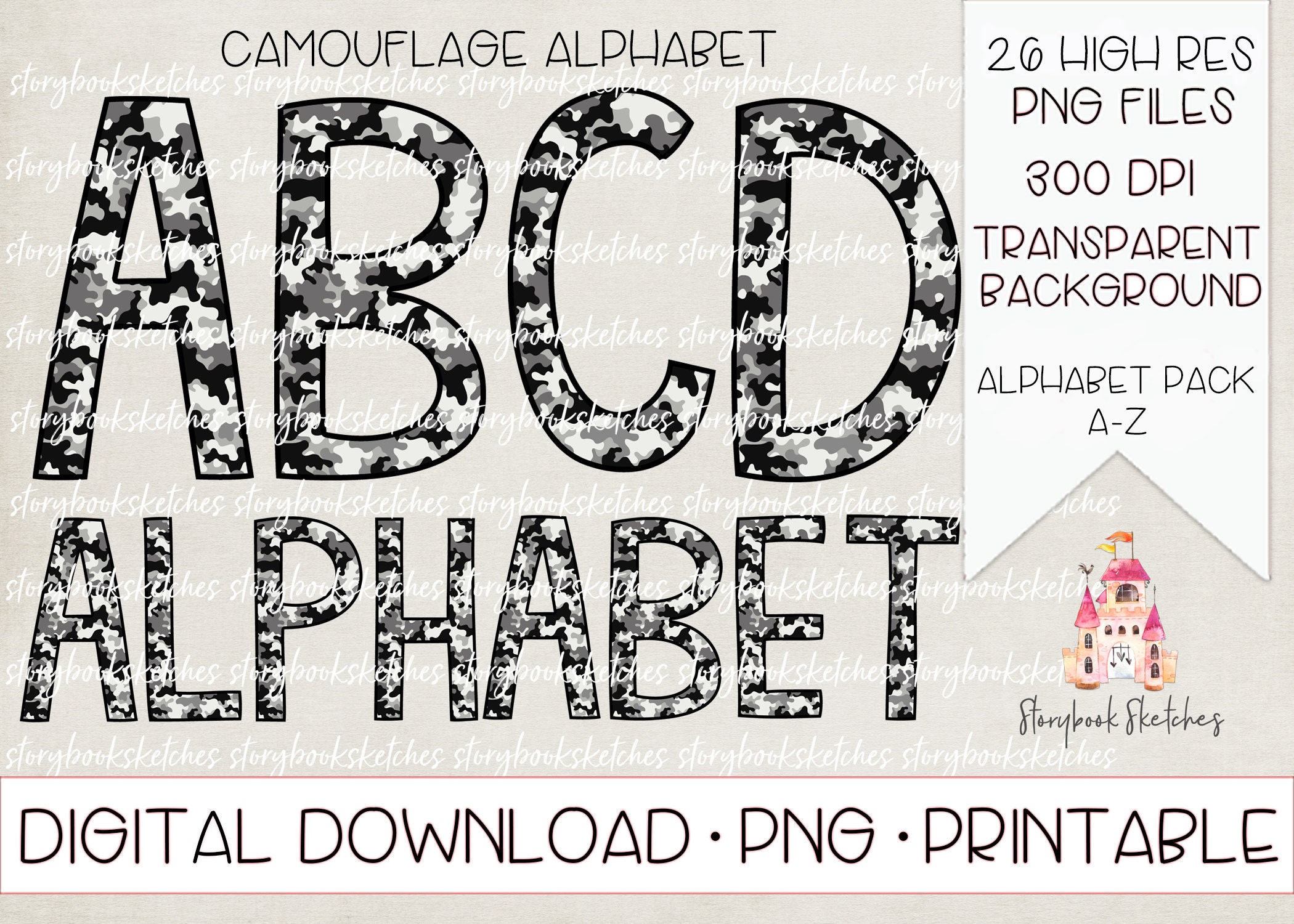 Alphabet camouflage noir et blanc gris PNG | Téléchargement numérique | Alphabet camouflage imprimable | Lettres camouflage PNG | Lettres ABC camoufla