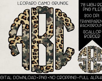 May include: A digital design featuring the letters "ABC" in a leopard and camouflage pattern, with a scalloped border. The design includes the text "LEOPARD CAMO GRUNGE", "78 HIGH RES PNG FILES", and "DIGITAL DOWNLOAD . PNG . NO CROPPING . FULL ALPHA".