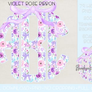 Violet Ribbon Roses Bow Monogram PNG | Digital Download | Purple Roses and Bows Monogram PNG | Purple Floral Rose Coquette Monogram PNG |