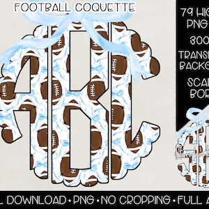 May include: A set of 79 high-resolution PNG files featuring a monogram design with a football pattern. The monogram is in the shape of the letters A, B, and C. The letters are surrounded by a scalloped border. The background is transparent. The files are 300 DPI.
