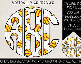 Softball Light Blue Speckle Circle Monogram PNG | Digital Download | Baby Blue Dalmatian Spots Softball Monogram PNG | Blue Softball png