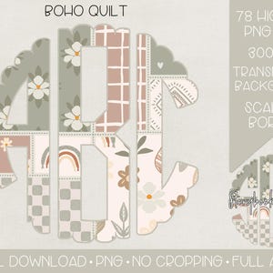 May include: A set of 78 digital scrapbook paper designs featuring a boho quilt pattern with a scalloped border. The papers are in a variety of colors, including pink, green, and brown, and feature floral and geometric designs. The papers are 300 DPI and have a transparent background.