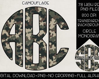 May include: A digital download featuring a camouflage circle monogram with the letters ABC. The design includes the text "CAMOUFLAGE" at the top and details about the PNG files, including "78 HIGH RES PNG FILES" and "300 DPI".