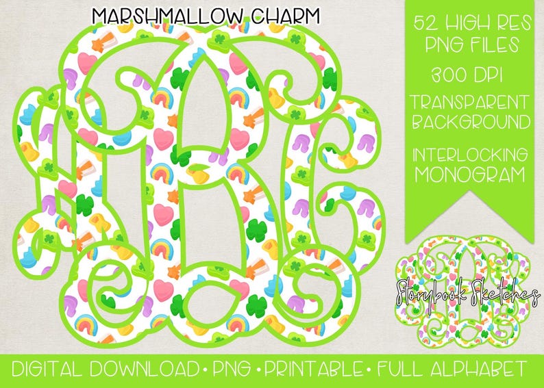 May include: A digital download featuring an interlocking monogram design with the text "Marshmallow Charm." The monogram is filled with colorful graphics of rainbows, hearts, and shamrocks. The design includes the text "Digital Download.PNG.Printable.Full Alphabet."