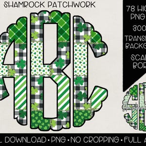 Peut inclure: 78 fichiers PNG haute résolution d'un monogramme patchwork trèfle dans une bordure festonnée. Le monogramme est en noir et blanc avec des motifs de trèfle vert et à carreaux. Les lettres sont A, B et C. L'arrière-plan est transparent.
