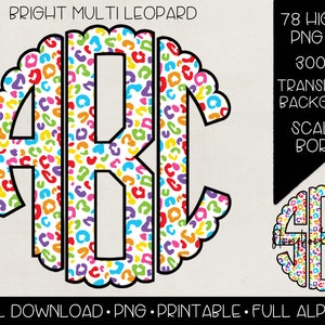May include: A set of 78 high-resolution, 300 DPI, transparent background PNG files of the alphabet in a bright multi-colored leopard print with a scalloped border.  Digital download.  Printable.