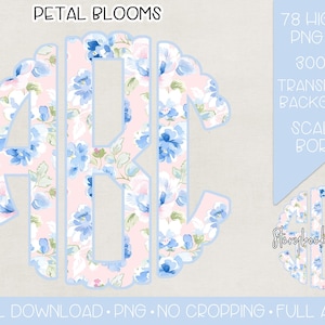 Petal Blooms Monogram PNG | Digital Download | Spring Floral Monogram PNG | Pink & Blue Floral Monogram PNG | Grandmillennial Monogram png