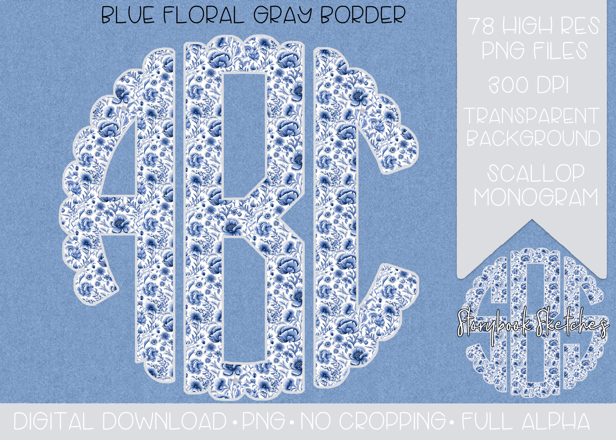 Blue Simple Monogram Blue and White Floral Monogram PNG | Digital Download | Grandmillennial ...