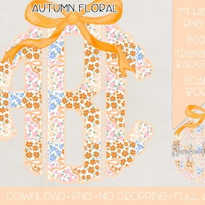 May include: A floral monogram design with the letters A, B, and C, featuring a scalloped border and an orange bow. The letters are filled with a pattern of small orange, blue, and pink flowers. The words "Autumn Floral" are at the top.