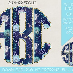 May include: A set of 78 high-resolution PNG files featuring a scallop-shaped border with a blue and gold design. The design includes seashells, starfish, and a glittery background. The letters A, B, and C are outlined in gold and are visible within the design. The text "SUMMER FROLIC" and "Storybook Sketches" are also visible in the image.