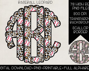 May include: A set of 78 monogram letters in a leopard print pattern with baseballs. The letters have a scalloped border and are on a transparent background.  The letters are 300 DPI and are high resolution PNG files.