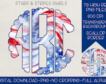 Stars & Stripes Swirl Monogramm PNG | Digitaler Download | Aquarell amerikanische Flagge Monogramm PNG | Vateristisches Aquarell-Monogramm der amerikanischen Flagge