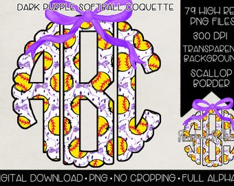 Purple Softball Coquette Bow Monogram PNG | Digital Download | Dark Purple Softball Monogram PNG | Purple Softball Game Day Monogram PNG |