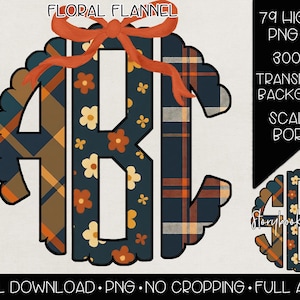 May include: A digital download graphic featuring the letters ABC in a floral and plaid design. The letters are in a scalloped circle with a rust-colored bow. The design includes the text "Floral Flannel" and "Digital Download".
