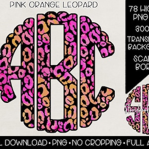 Pink and Orange Leopard Monogram PNG | Digital Download | Full Alpha Included No Cropping | October Girly Halloween Leopard Monogram PNG |