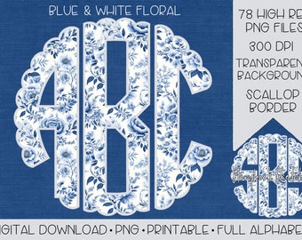 Monograma floral azul y blanco PNG / Descarga digital / Alfabeto completo / Monograma floral chinoiserie PNG / Monograma floral azul claro PNG /