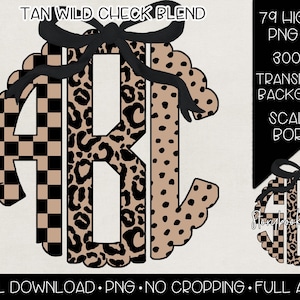 Könnte beinhalten: Ein digitales Design mit den Buchstaben GBI in einer kreisförmigen Anordnung. Die Buchstaben haben ein beige-, schwarz- und weißes Muster. Das Design umfasst einen gewellten Rand, eine schwarze Schleife und den Text "TAN WILD CHECK BLEND". Zusätzlicher Text enthält "79 HIGH RES PNG FILES" und "DIGITAL DOWNLOAD.PNG.NO CROPPING.FULL ALPHA".