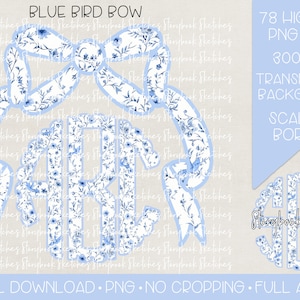 Blauer Vogel Blumenbogen-Monogramm PNG | Digitaler Download | Vollständiges Alphabet | Blaues und weißes Schleifen-Monogramm PNG | Grandmillennial Monogramm PNG |