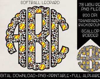 Softball Leopard Scallop Monogram PNG | Digital Download | Full Alphabet | 78 Individual PNGs for Ease |  Softball Leopard Doodle Letters |