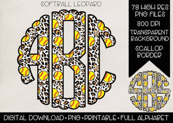 Softball Leopard Scallop Monogram PNG | Digital Download | Full Alphabet | 78 Individual PNGs for Ease |  Softball Leopard Doodle Letters |