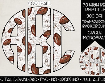 May include: A digital download featuring a football-themed monogram in the shape of the letters ABC. The design incorporates brown footballs and a distressed white background with Xs and Os. The image includes the text "FOOTBALL".