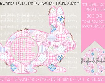 Bunny Toile Patchwork Monogram PNG | Digital Download | Toile Patchwork Rabbit PNG Gingham Monogram PNG | Spring Patchwork Easter Bunny png